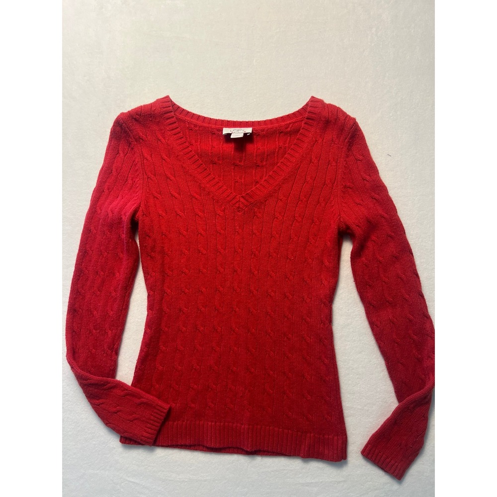 Ann Taylor LOFT XS Sweater Preppy Red Cable Knit V-Neck Long Sleeve Academia